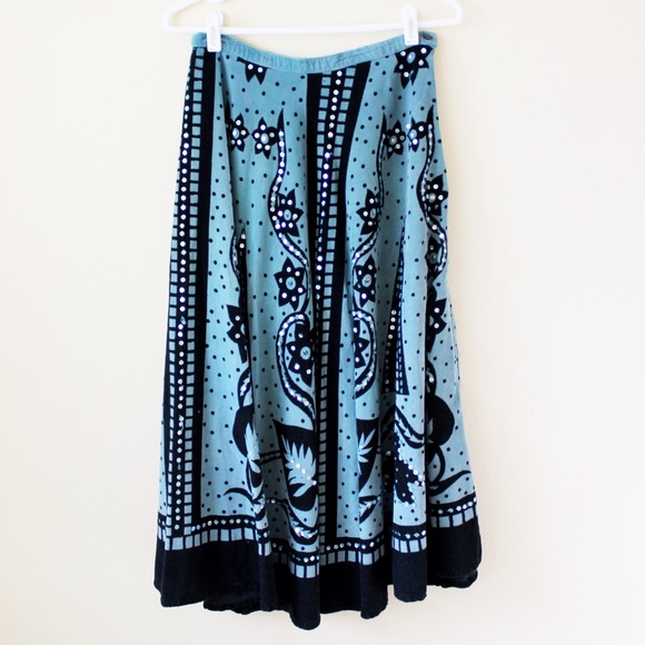 70s Corduroy Sequin Circle Skirt Vintage Fine Wale Thin Corduroy Baby Blue Boho - Picture 2 of 5